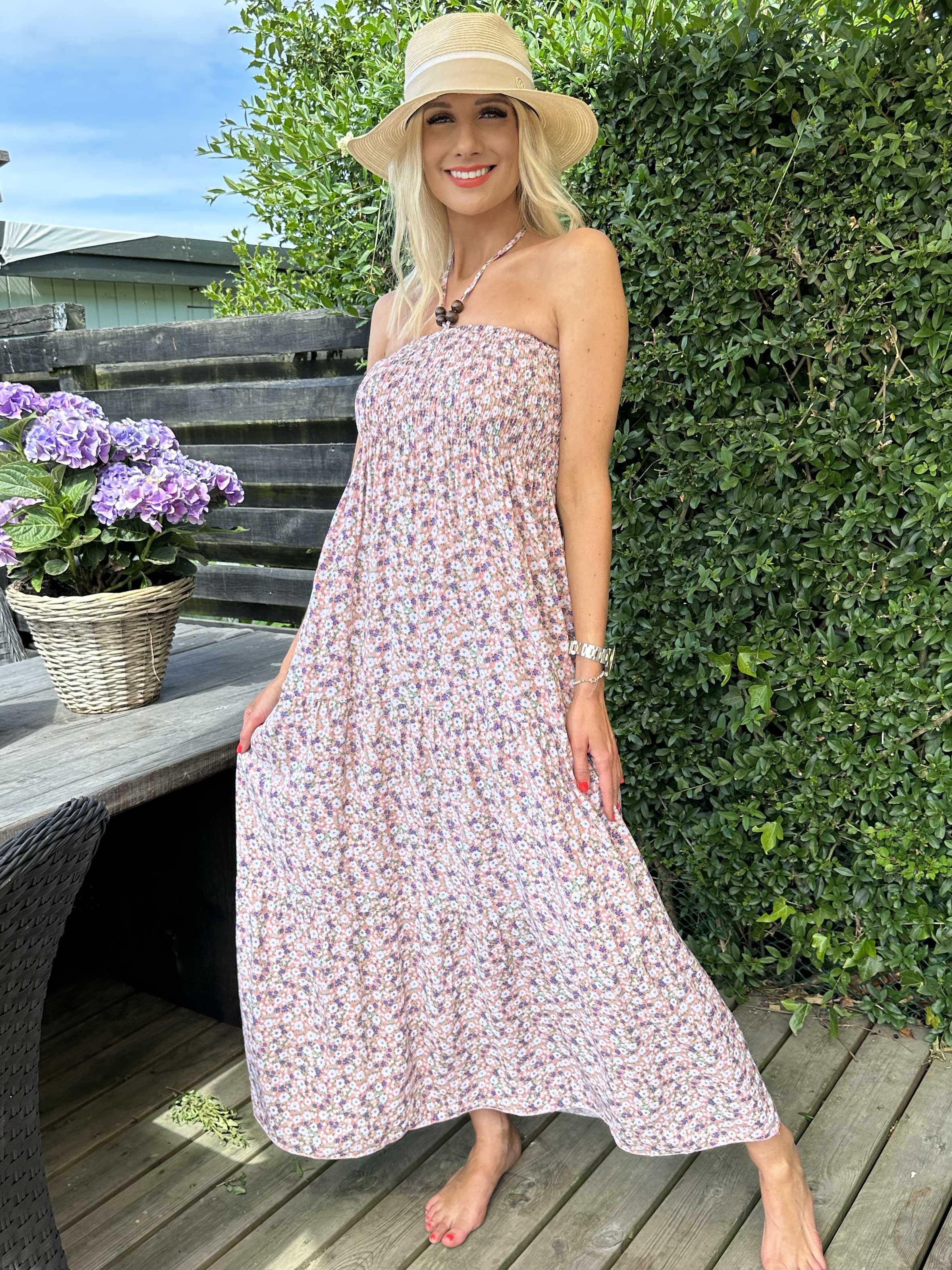 Amina - Lang sommerkjole med smock ved brystet